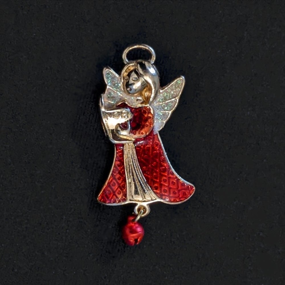New Gold Tone Red Enamel Glitter Angel Noel Brooch Pin Christmas Holiday